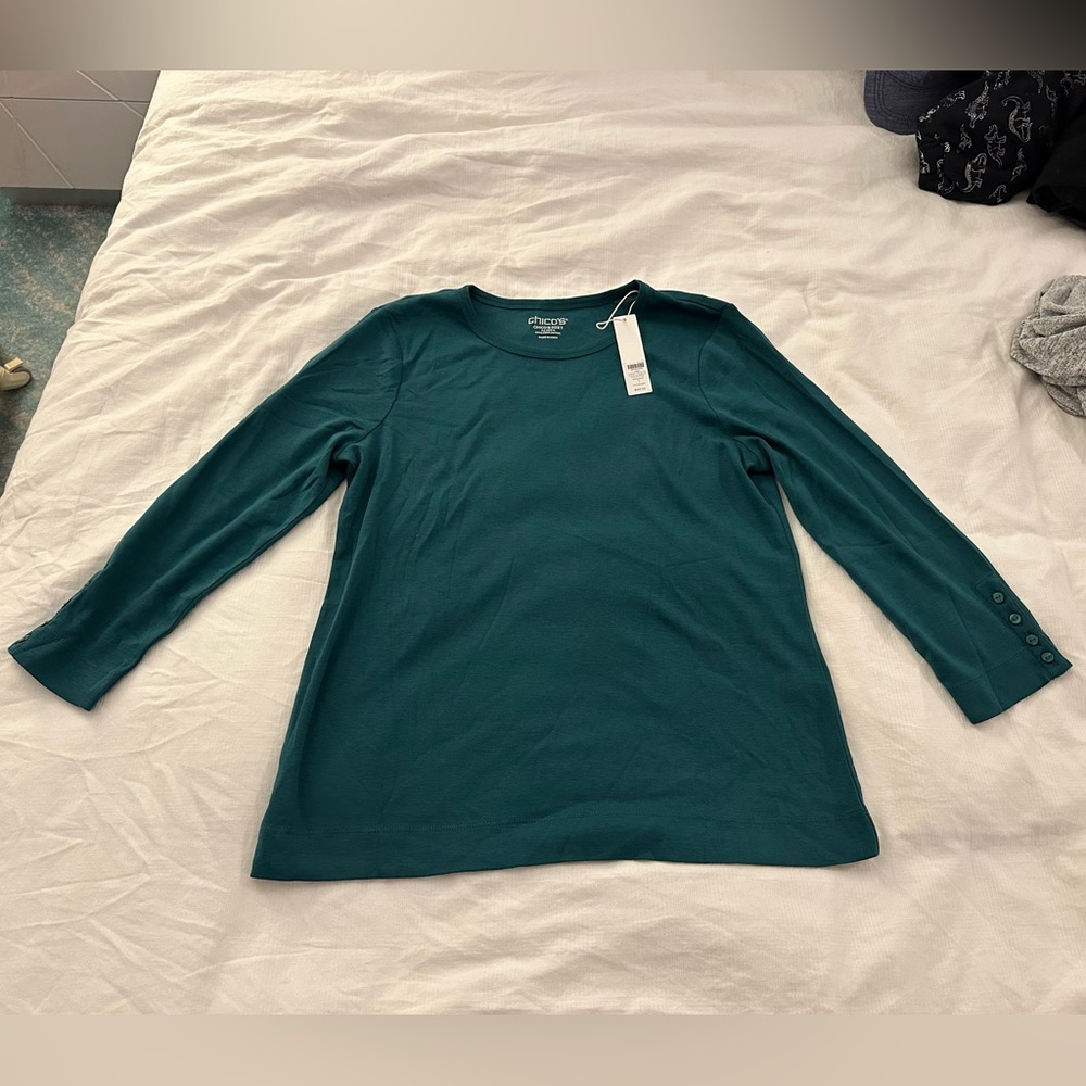 NWT Chico's Peacock Teal Top - 3/4 Sleeve with Buttons - Size 1